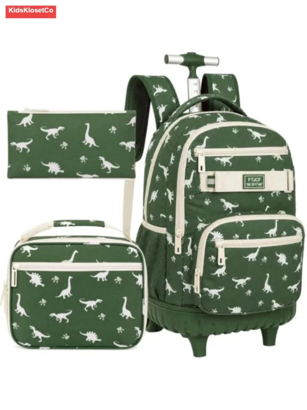 3-Piece Rolling Backpack Boys Kids with Wheels 19 Inch Dinosaur Travel Bookbag